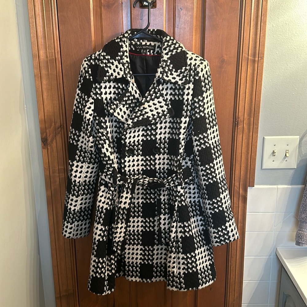Black and White Via Spiga Houndstooth Wool Coat